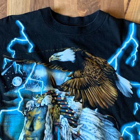 Vtg 1990s American Indian Thunder Print Lightning Thrashing Shirt T-Shirt Top - Picture 7 of 13